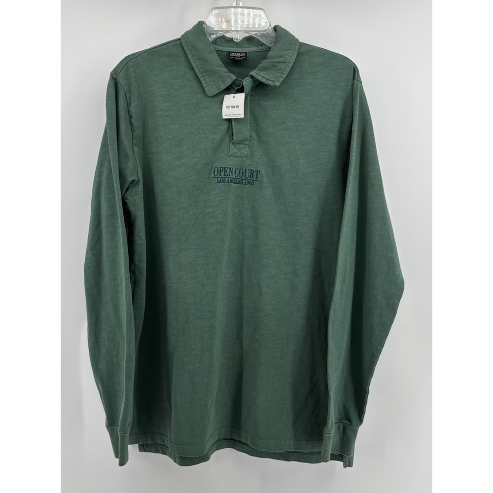 Cotton On Garments Loose Fit Rugby Long Sleeve Polo Shirt Mens M, Pine Green NWT